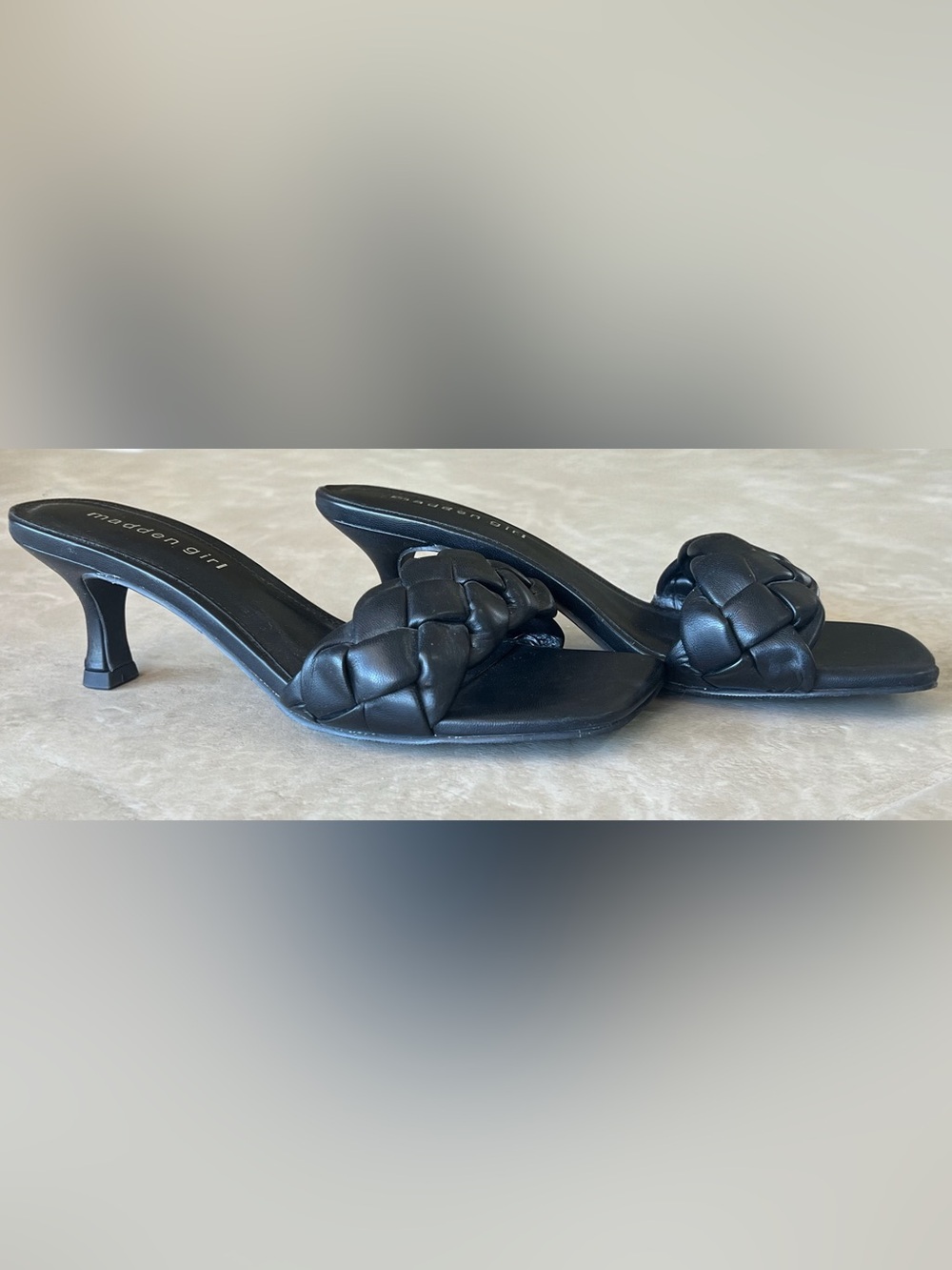 Madden Girl Shanaa Black Woven Mule Heels Square Toe Kitten Heel Sandals Size 8